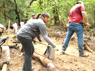 Last year, more than 60 volunteers constructed log steps, rerouted a failed section of trail, and installed several drainage features along a trail in Roberts Regional Recreation Area, Oakland. The recreation area is part of the East Bay Regional Park District. 